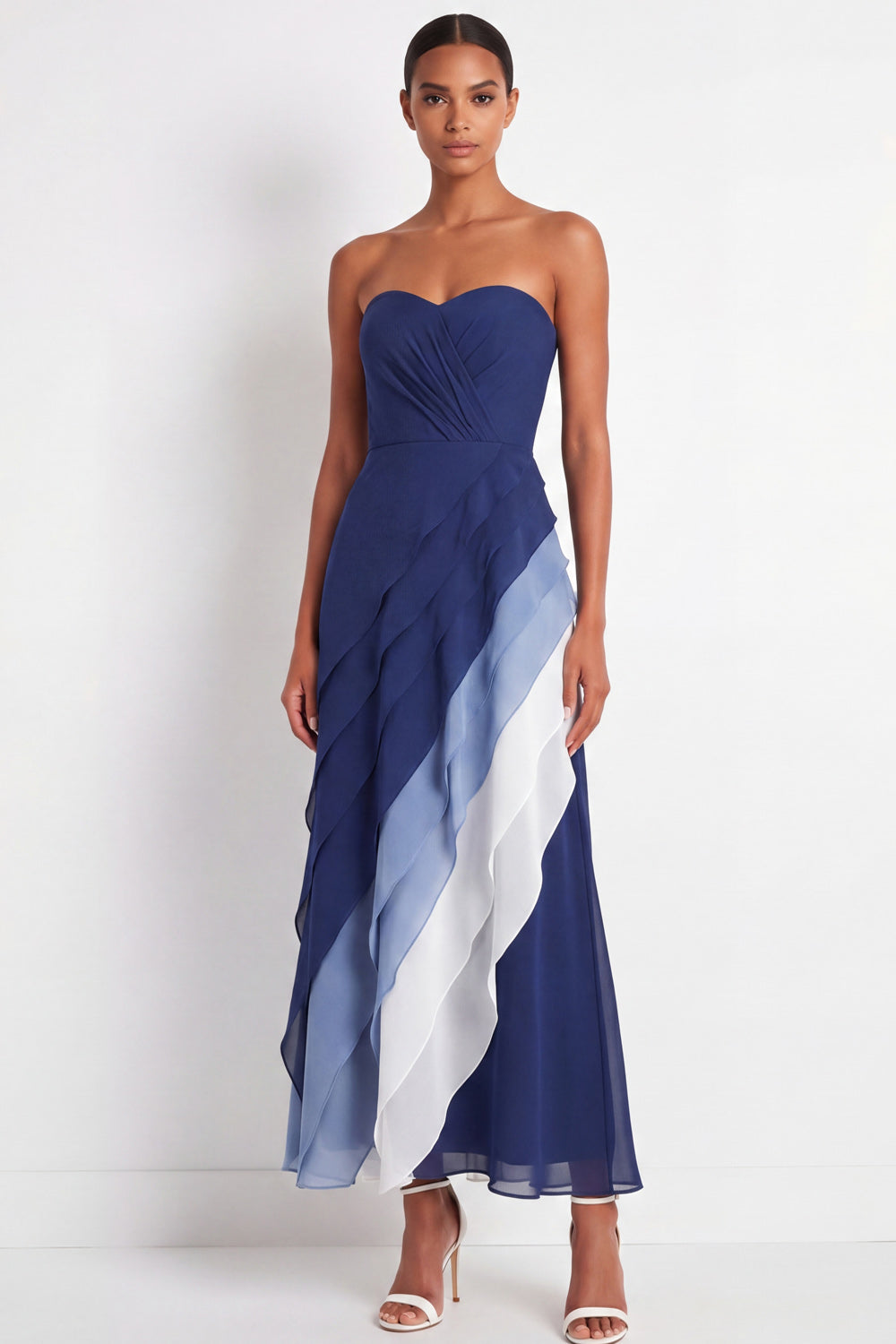 Strapless Blue Maxi A Line Color Block Formal Dress with Ruffles