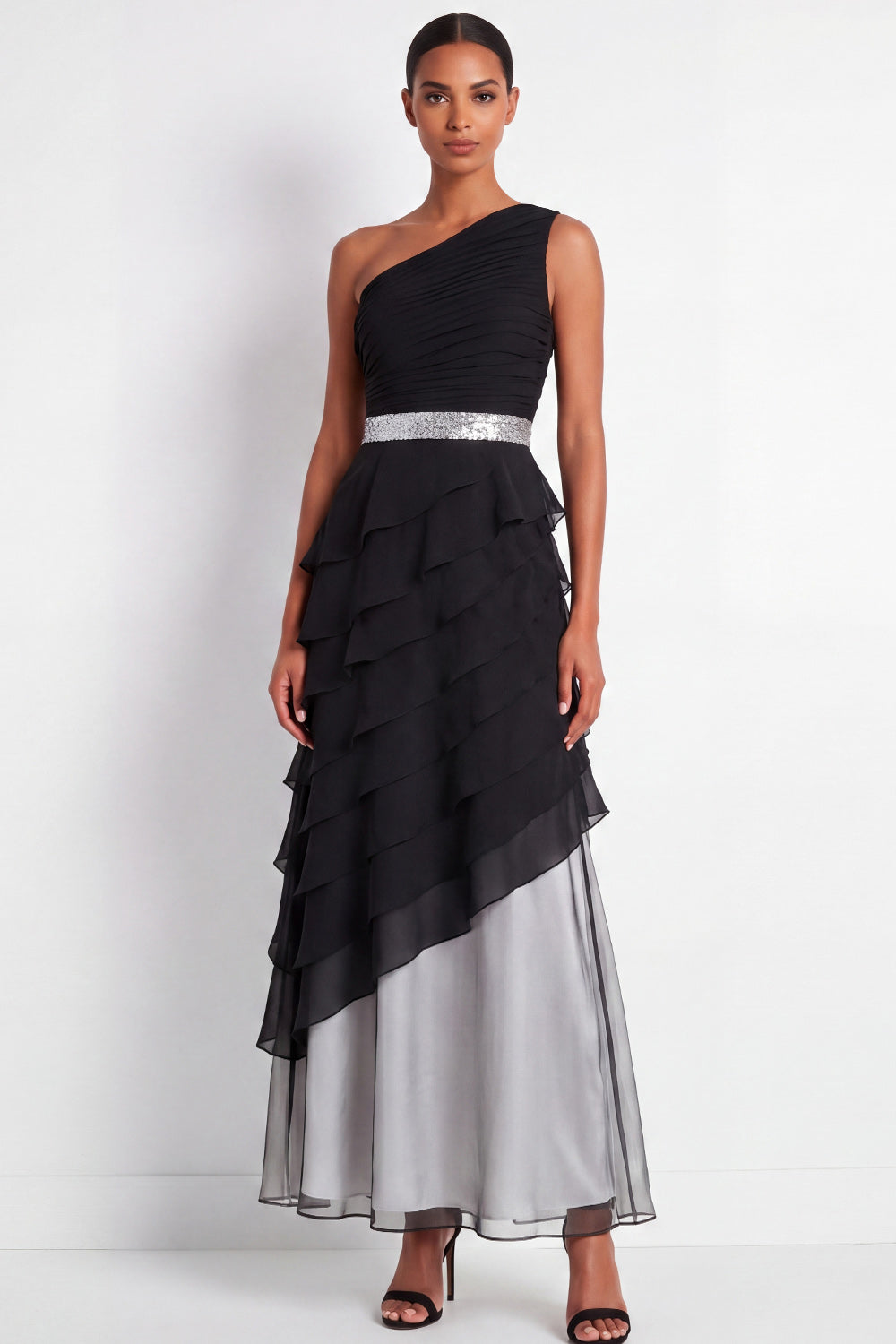 Black Maxi One Shoulder A Line Formal Dress with Ruffles