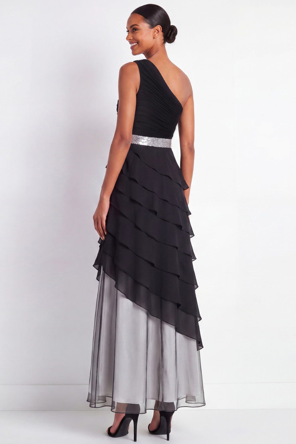 Black Maxi One Shoulder A Line Formal Dress with Ruffles