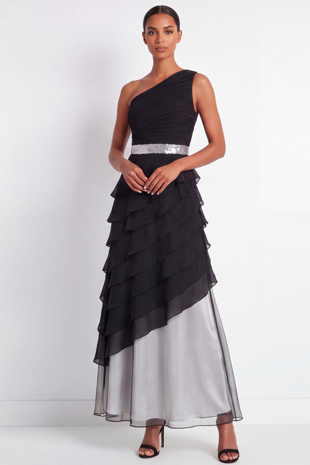Black Maxi One Shoulder A Line Formal Dress with Ruffles