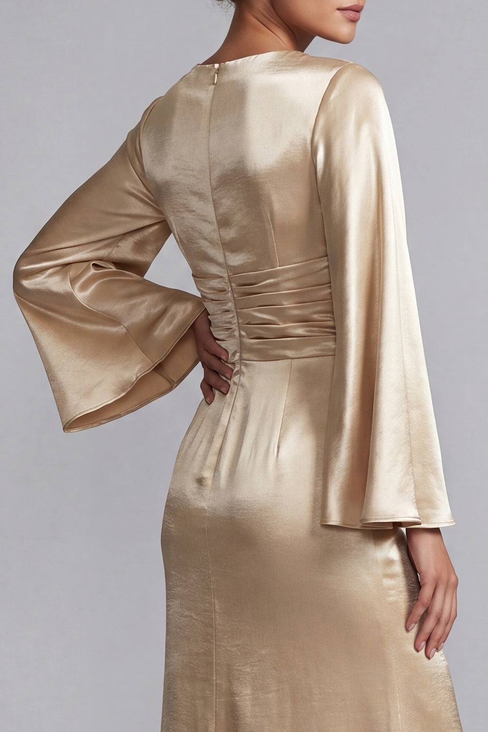 Sheath Sparkly Champagne Long V-Neck Metallic Ruched Mother of the Bride Dress