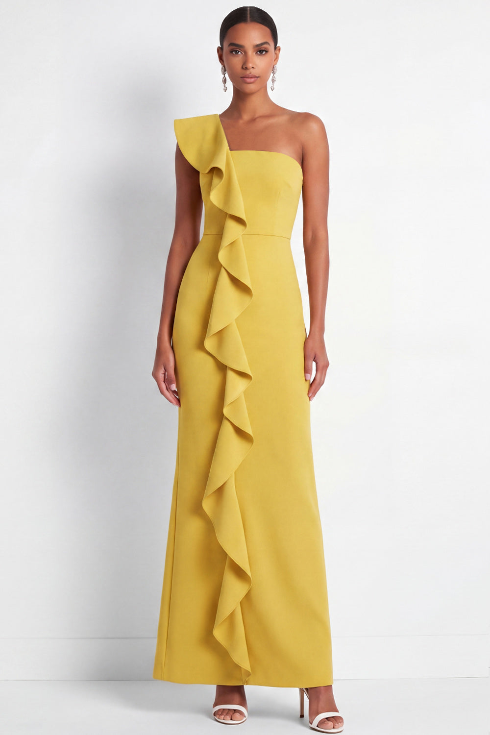 Butter Yellow One Shoulder Maxi Mermaid Formal Dress with Ruffles