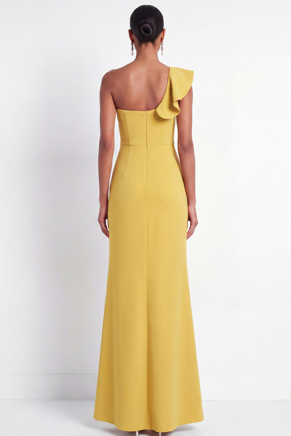 Butter Yellow One Shoulder Maxi Mermaid Formal Dress with Ruffles