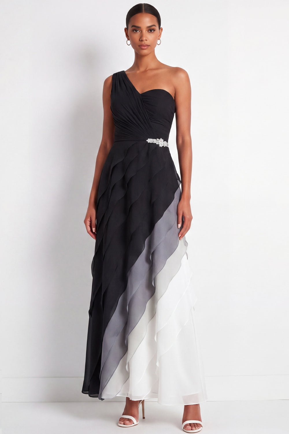 Black and White Maxi A Line Color Block Formal Dress with Ruffles