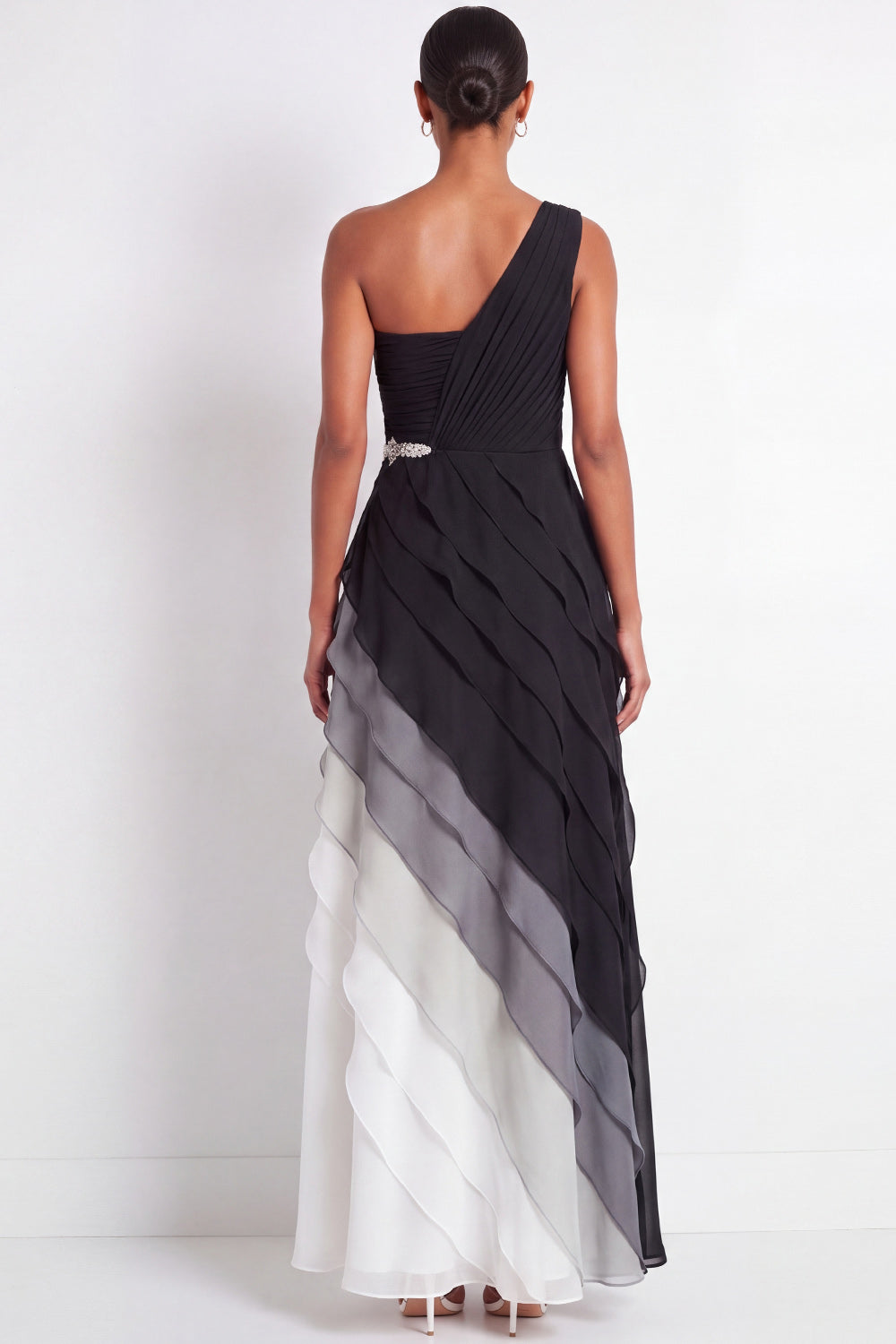 Black and White Maxi A Line Color Block Formal Dress with Ruffles
