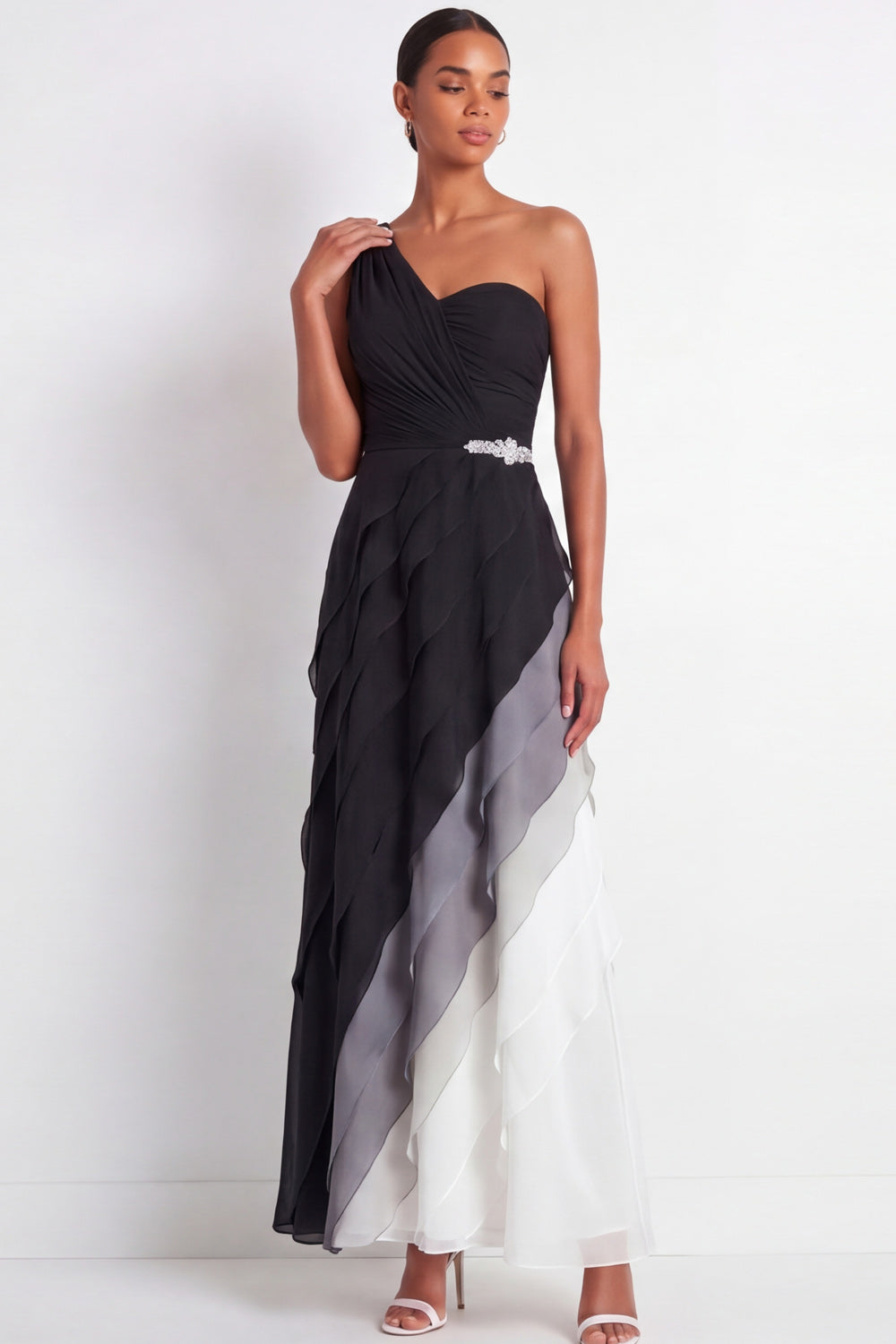 Black and White Maxi A Line Color Block Formal Dress with Ruffles
