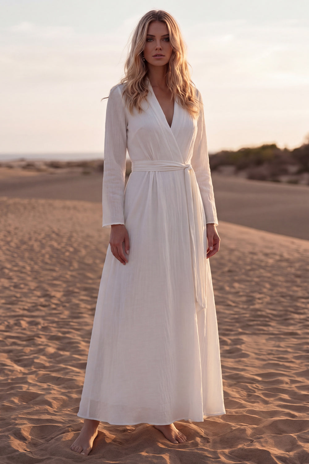 V-Neck A Line White Long Sleeves Engagement Dress with Sash
