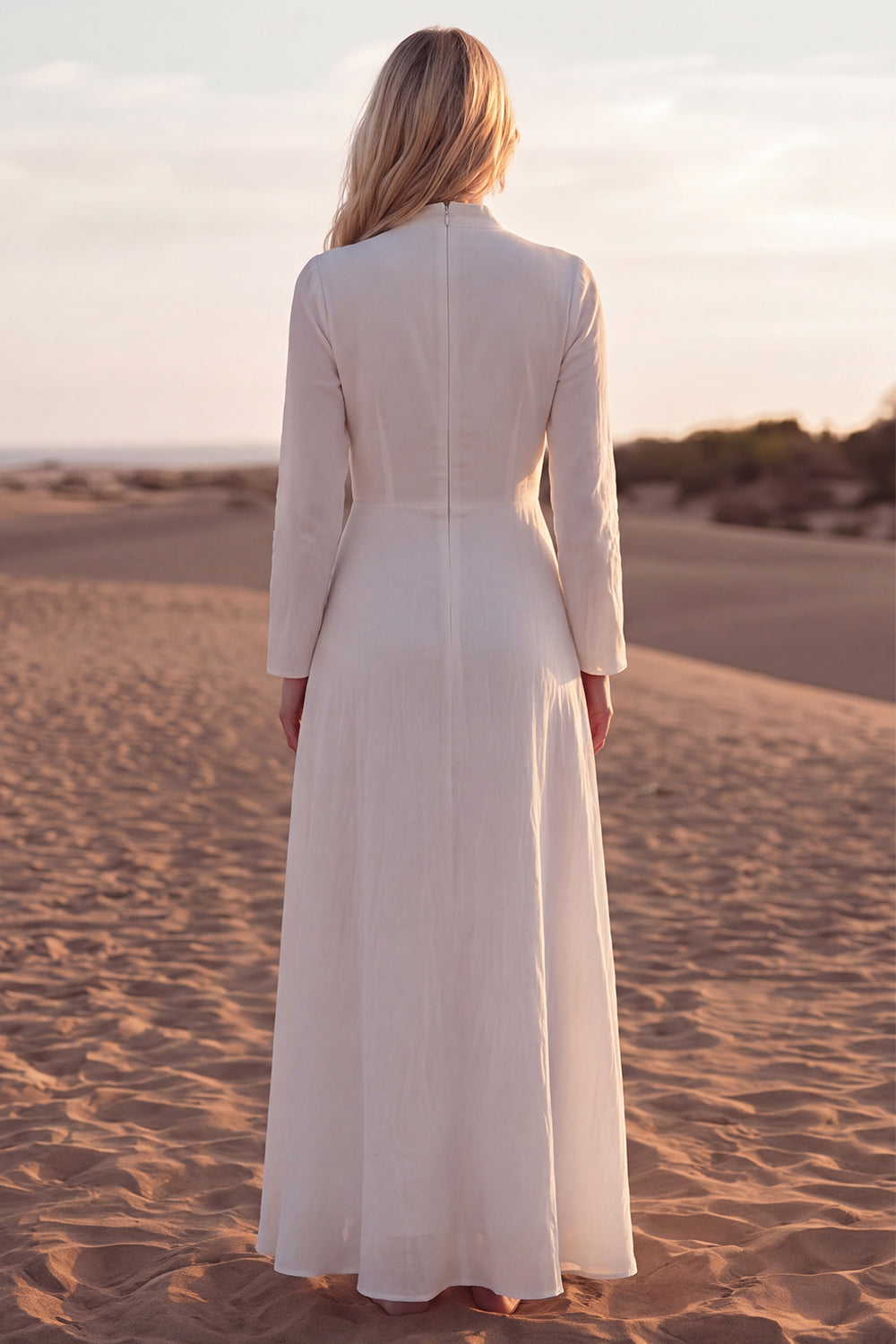 V-Neck A Line White Long Sleeves Engagement Dress with Sash