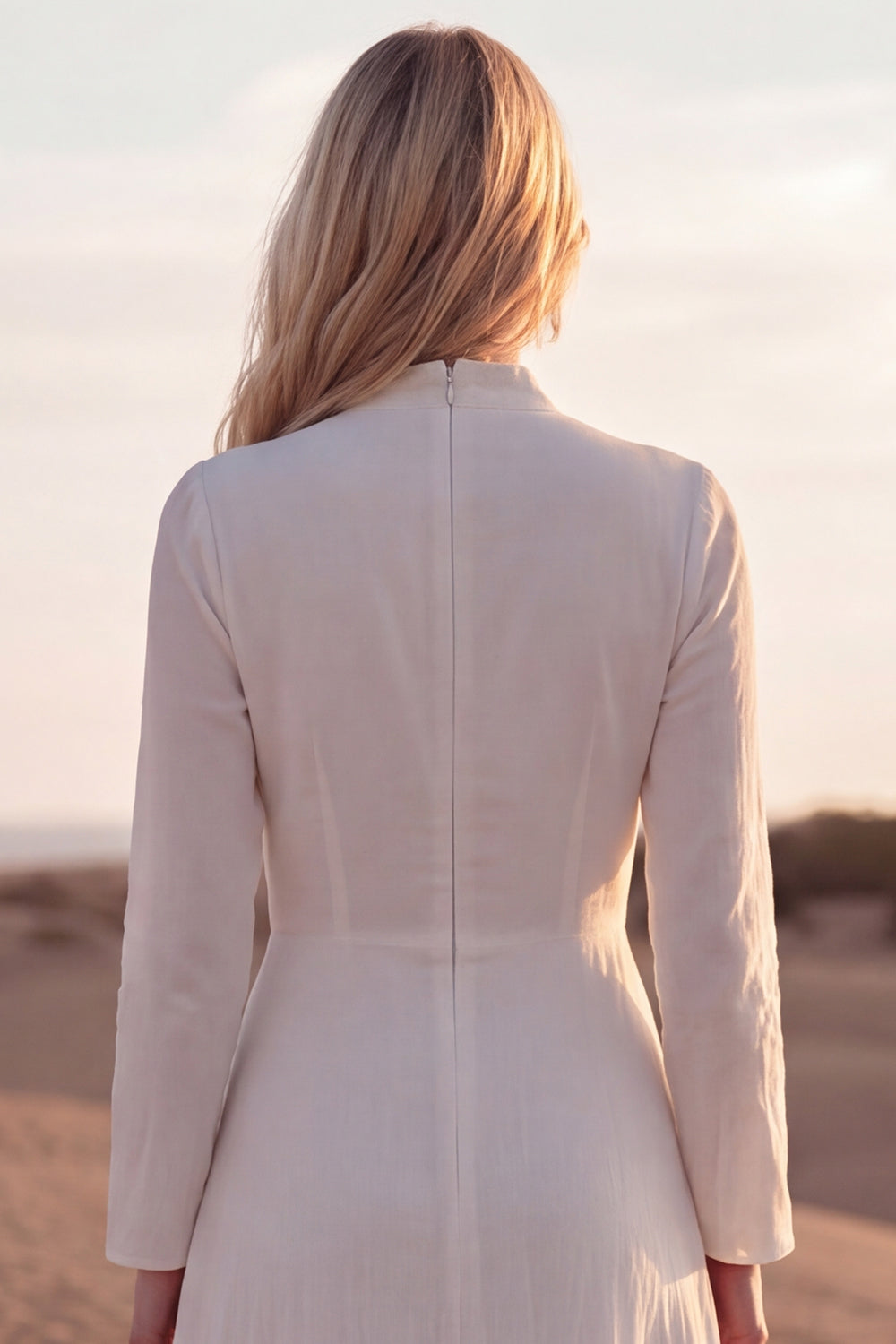 V-Neck A Line White Long Sleeves Engagement Dress with Sash