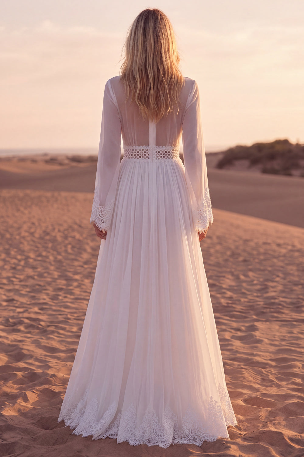 A Line White V-Neck Long Sleeves Beach Engagement Dress with Lace