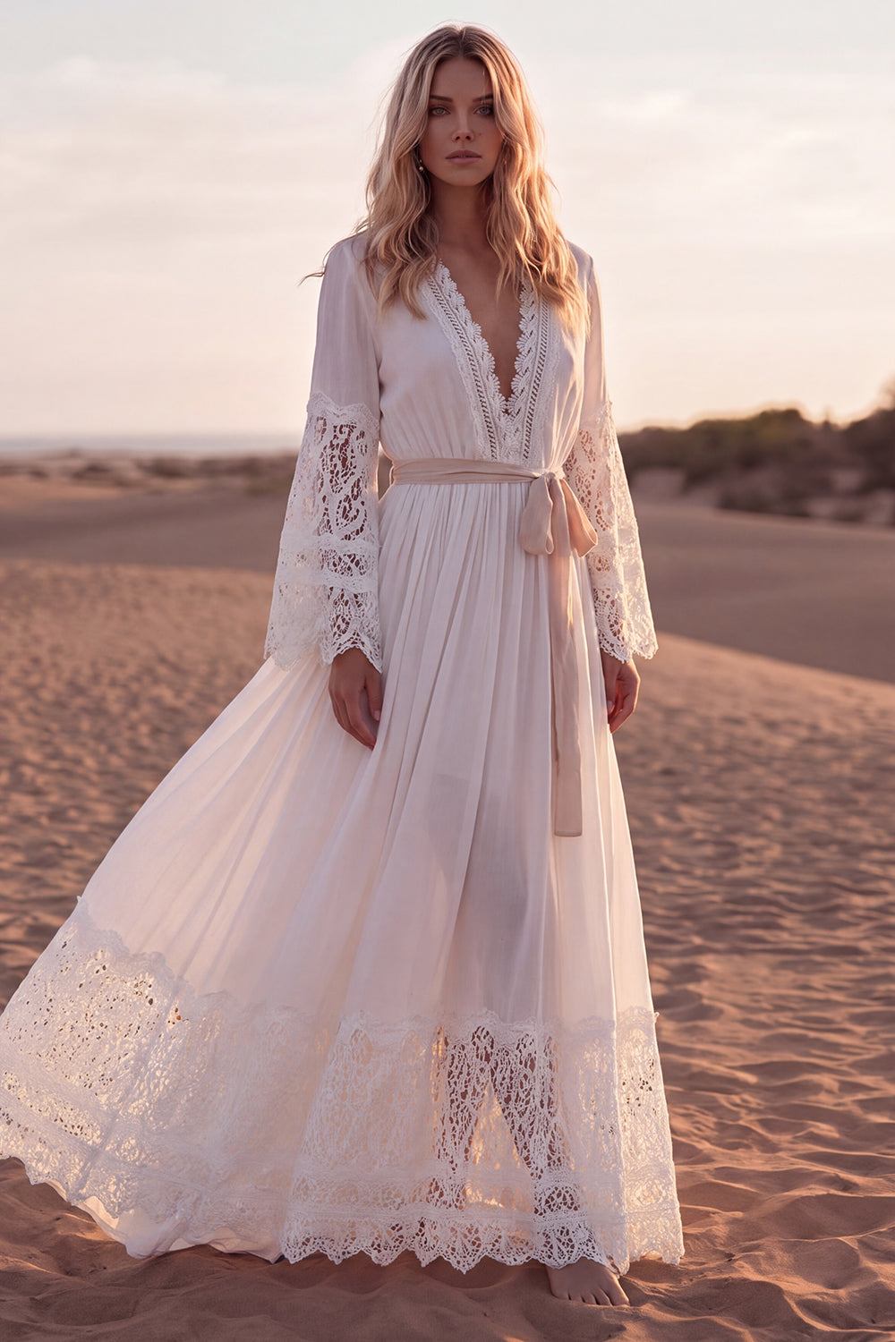 A Line White Long Sleeves V-Neck Engagement Dress with Sash