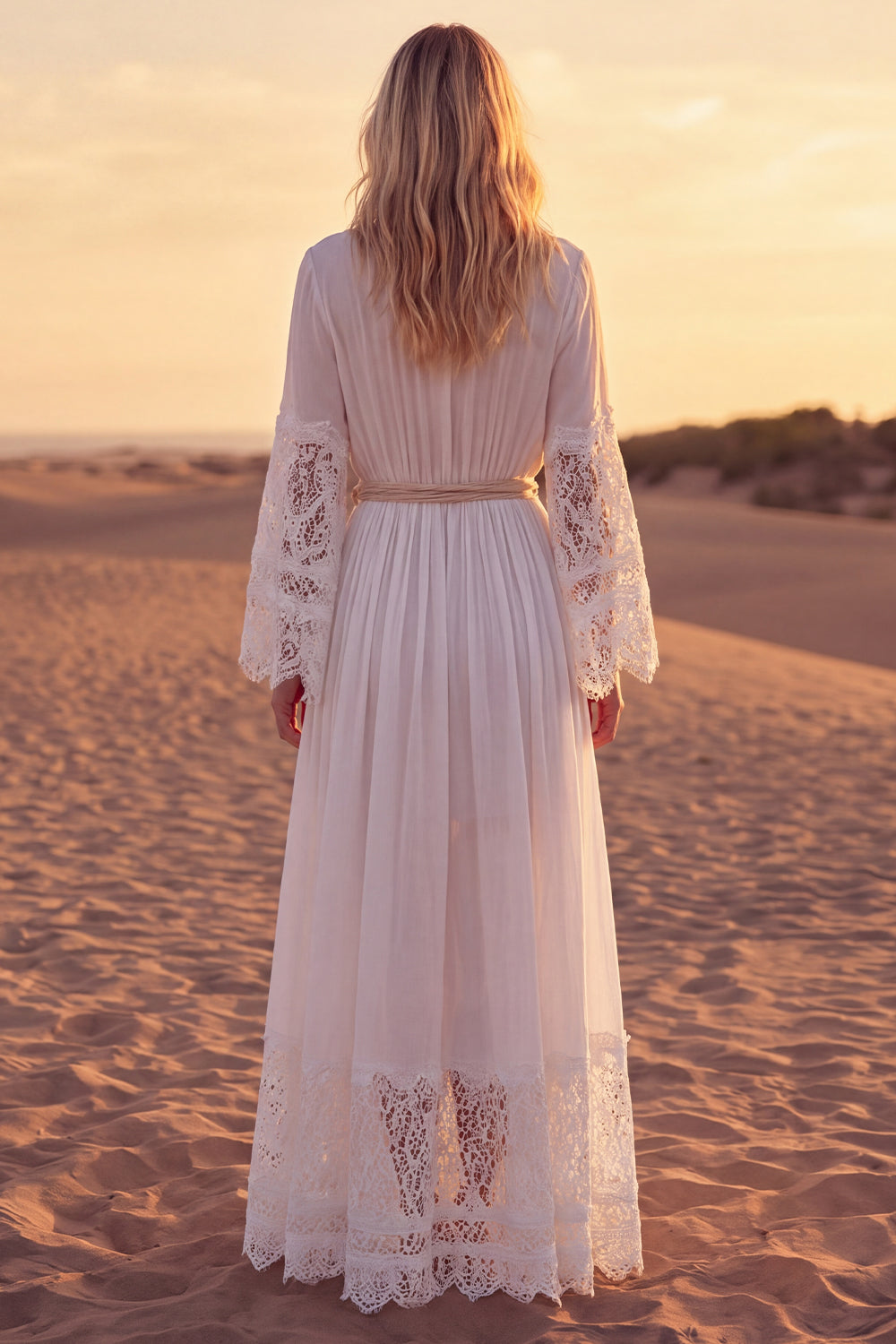 A Line White Long Sleeves V-Neck Engagement Dress with Sash
