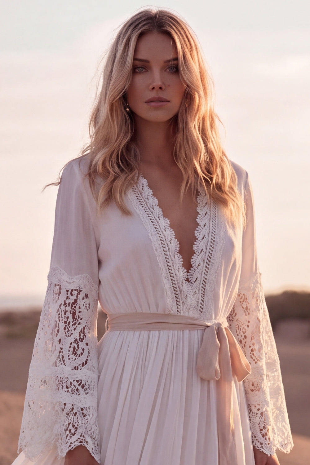 A Line White Long Sleeves V-Neck Engagement Dress with Sash