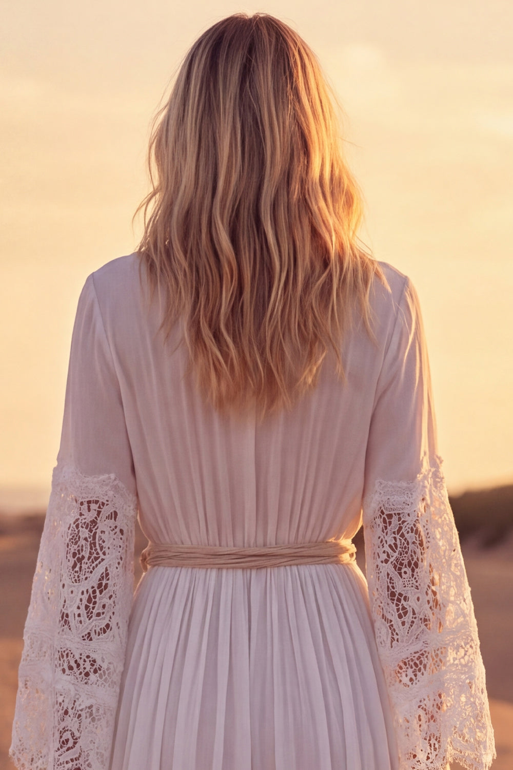 A Line White Long Sleeves V-Neck Engagement Dress with Sash