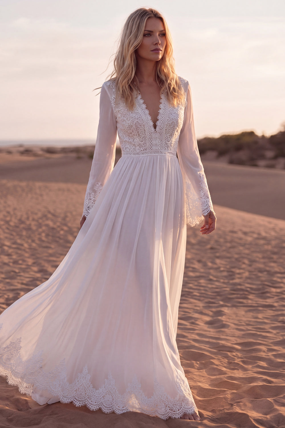 A Line V-Neck White Long Sleeves Engagement Dress with Lace