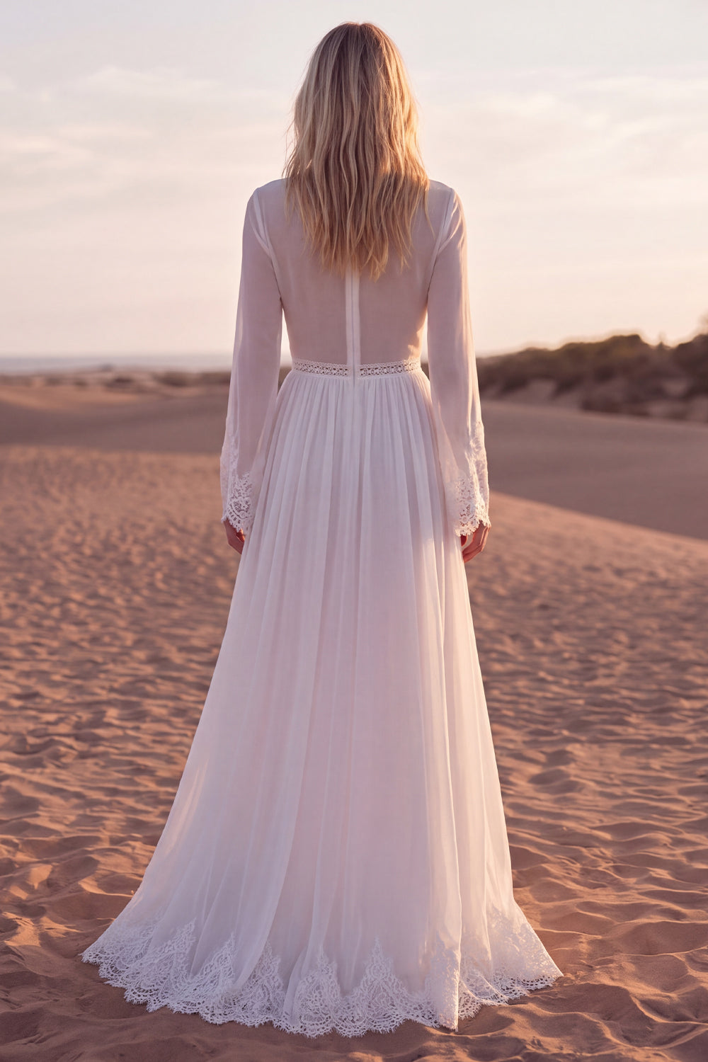 A Line V-Neck White Long Sleeves Engagement Dress with Lace