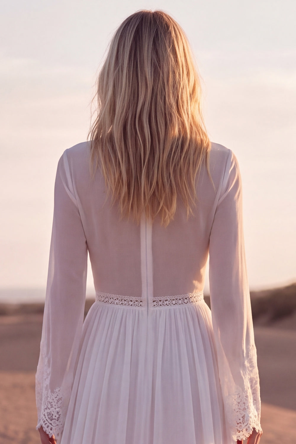 A Line V-Neck White Long Sleeves Engagement Dress with Lace