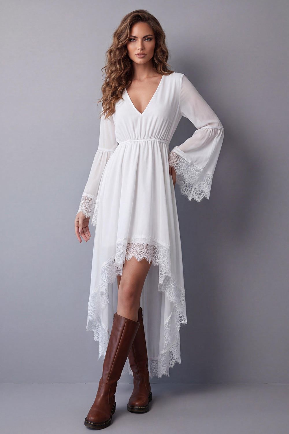 White V-Neck A Line High Low Engagement Dress with Lace