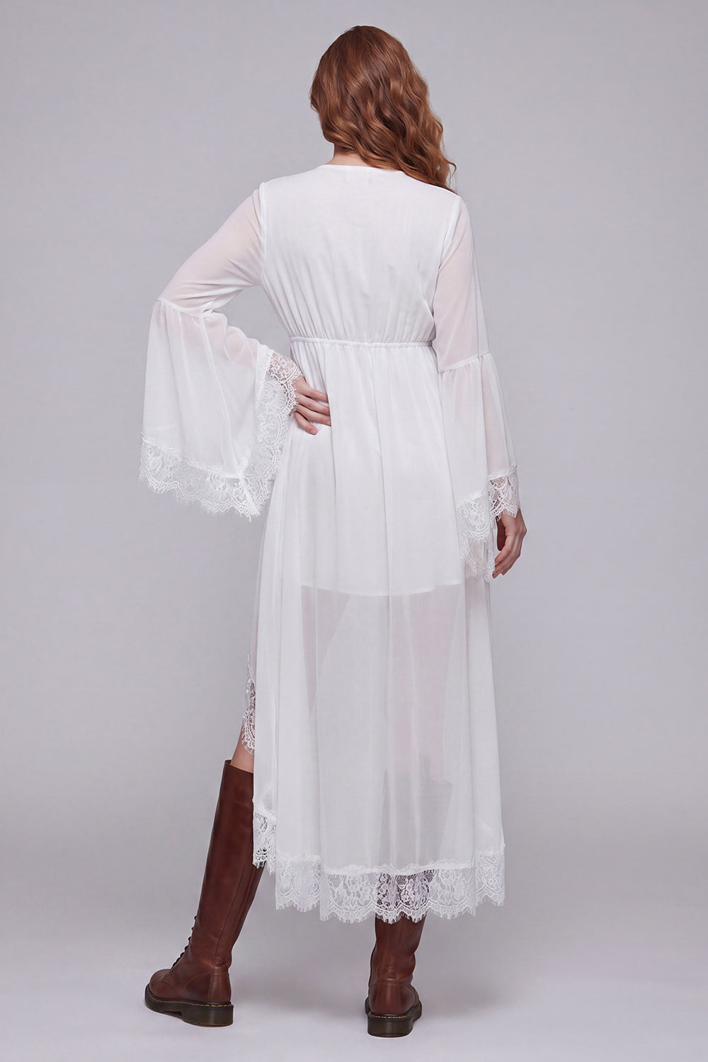White V-Neck A Line High Low Engagement Dress with Lace