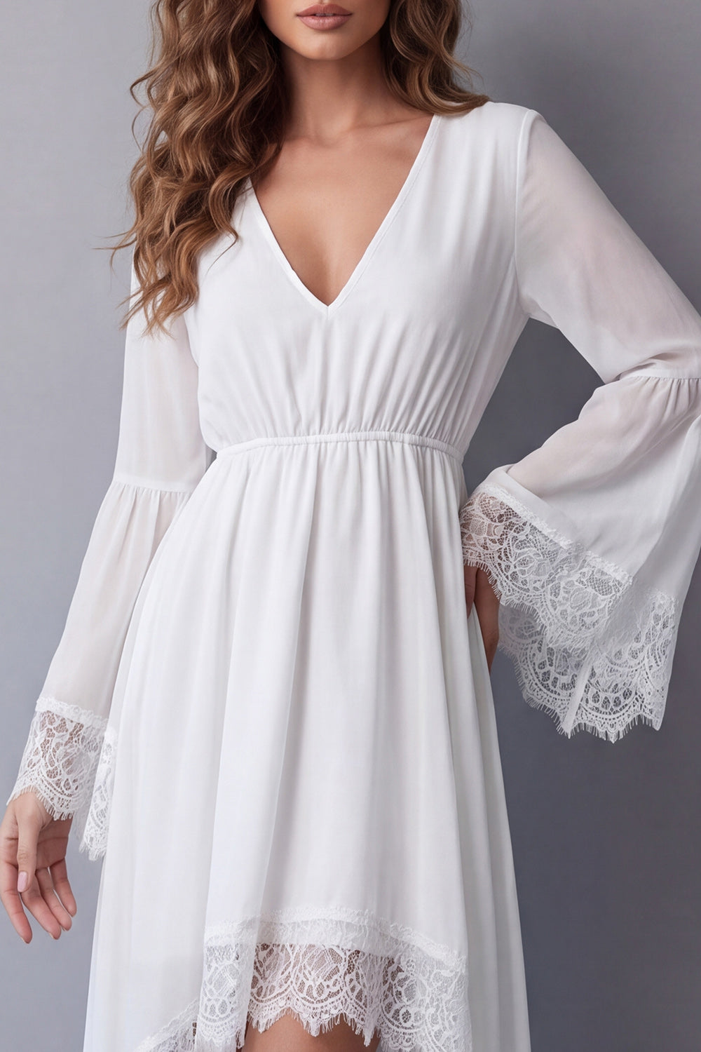 White V-Neck A Line High Low Engagement Dress with Lace