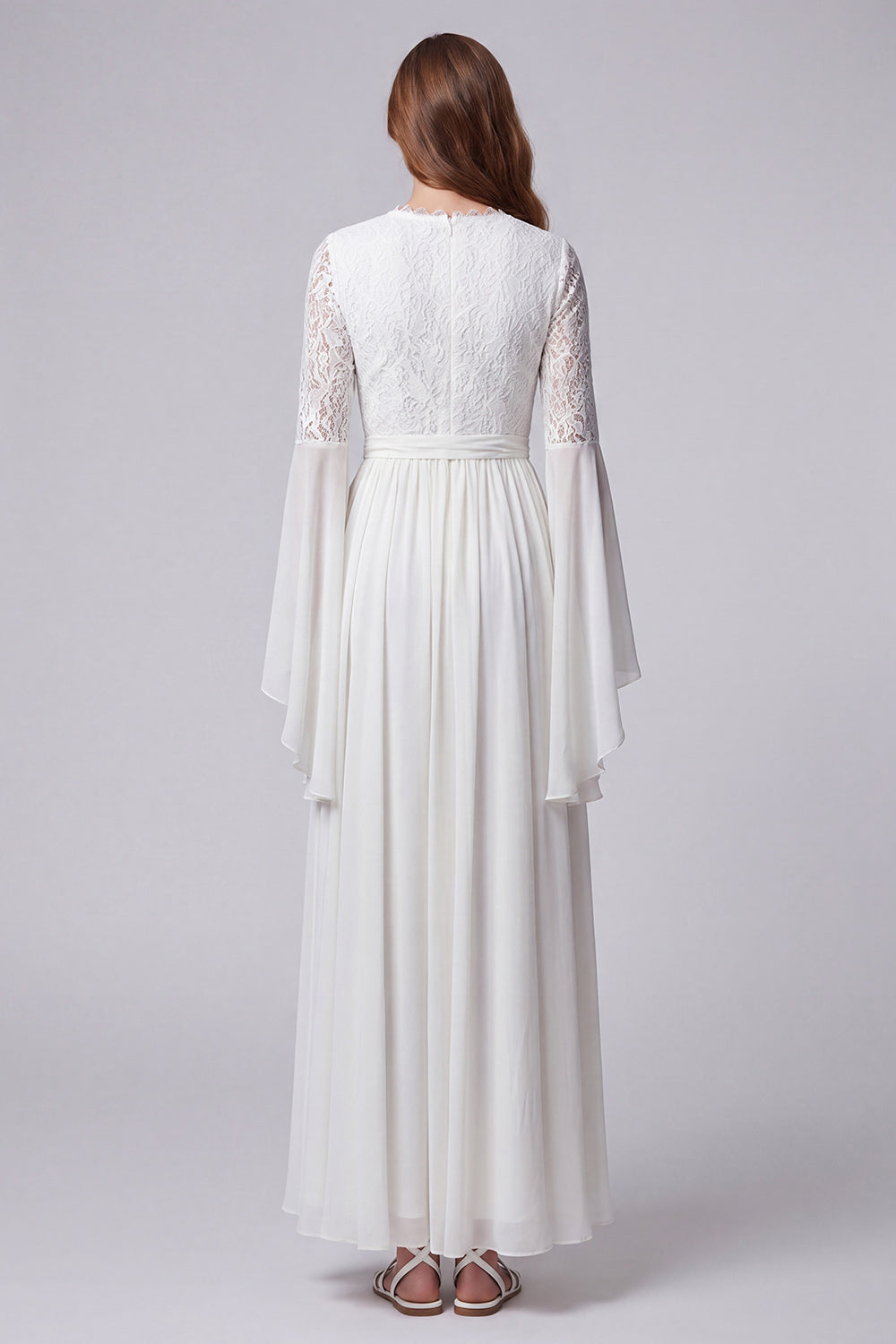 Flare Sleeves White V-Neck A Line Long Engagement Dress with Lace