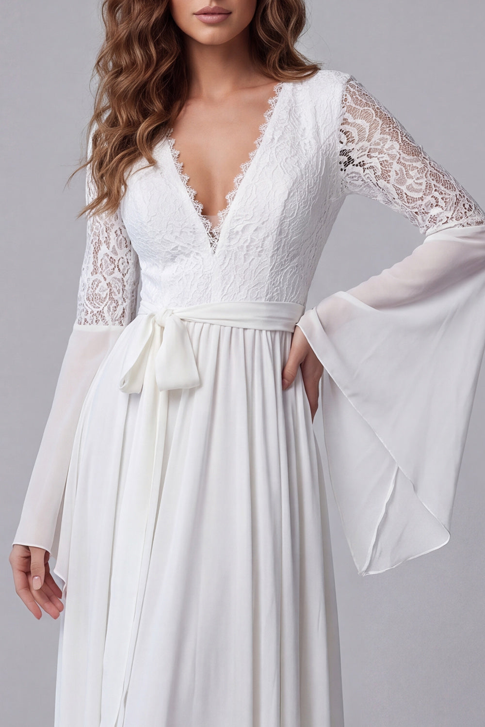 Flare Sleeves White V-Neck A Line Long Engagement Dress with Lace