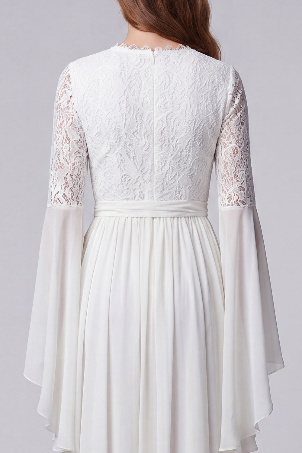 Flare Sleeves White V-Neck A Line Long Engagement Dress with Lace
