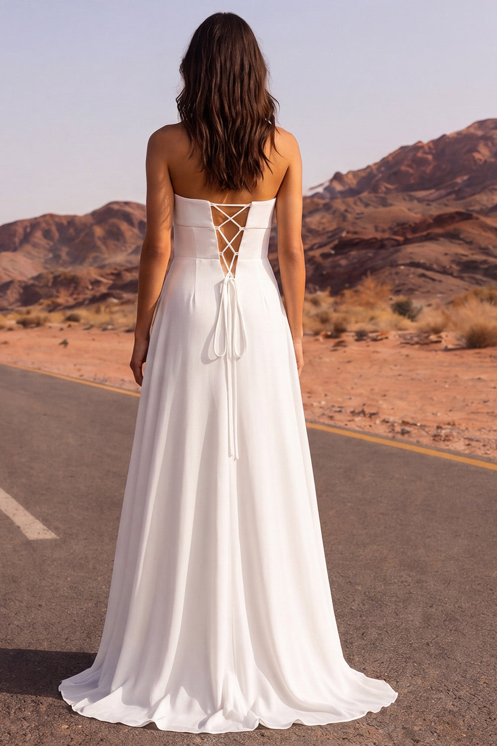 Strapless Ruched A Line White Long Engagement Dress