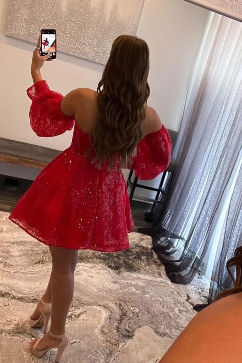 A Line Sweetheart Black Short Homecoming Dress with Long Sleeves