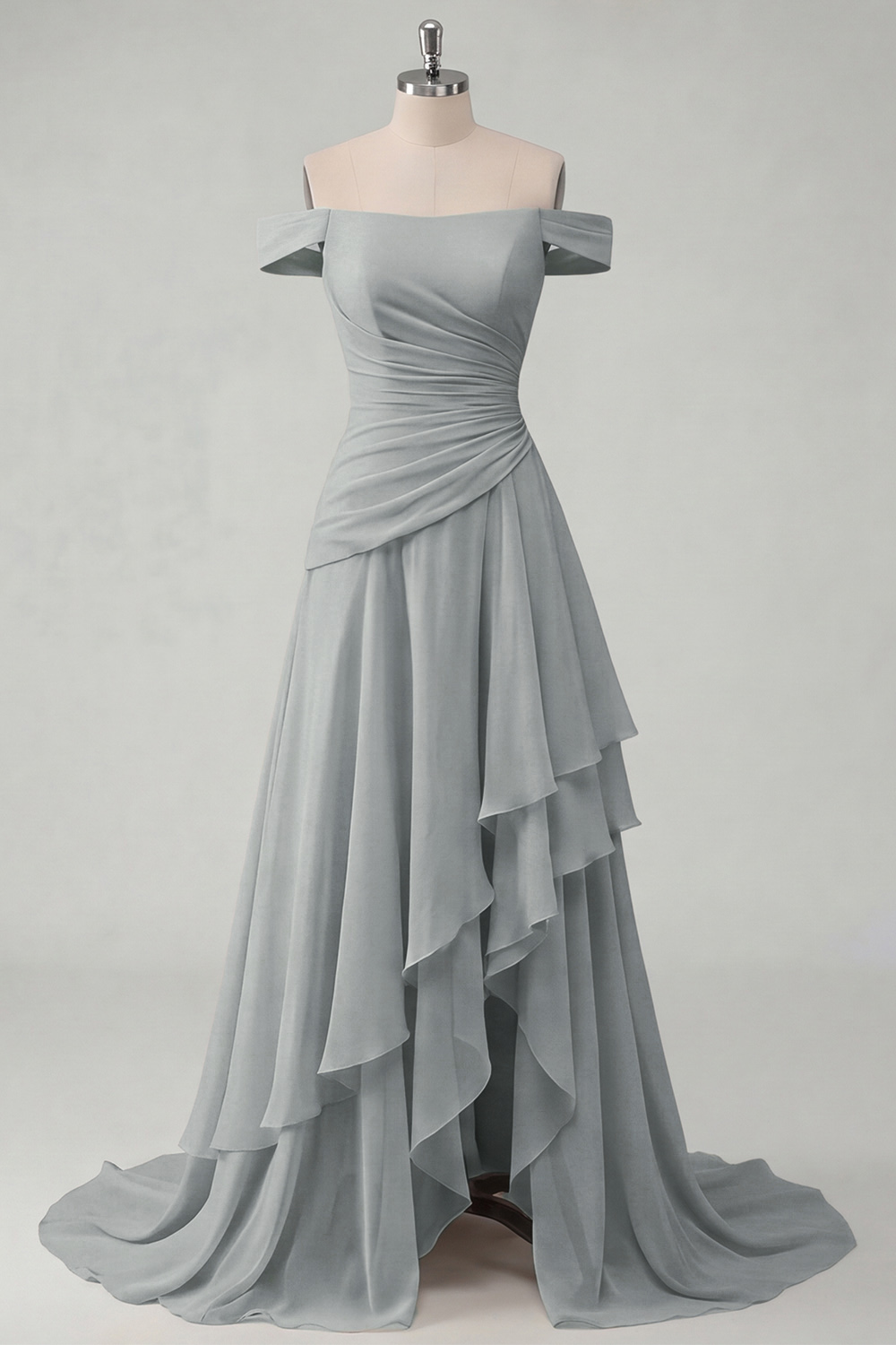 Off the Shoulder Ruched A Line Butter Yellow Ruffled Prom Dress with Slit