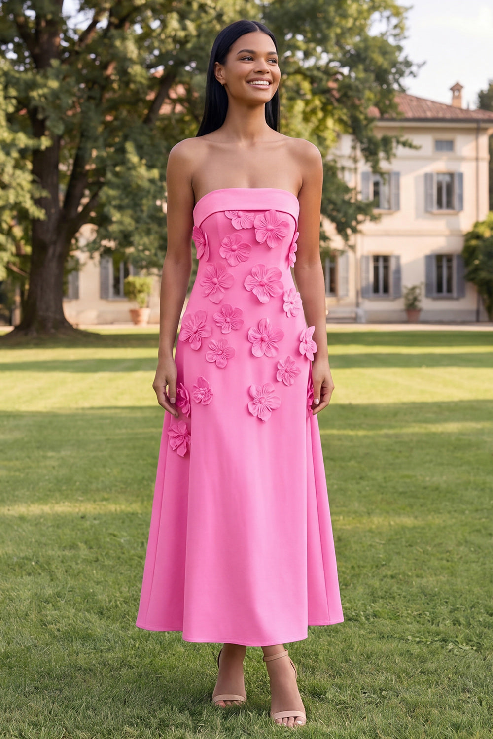 Yellow A Line Floral Strapless Maxi Formal Dress