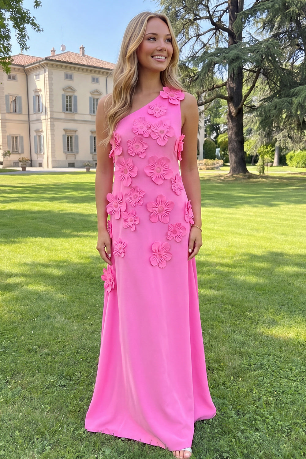 Floral Yellow Sheath One Shoulder Maxi Formal Dress