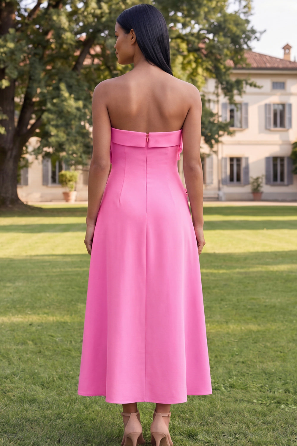 Yellow A Line Floral Strapless Maxi Formal Dress