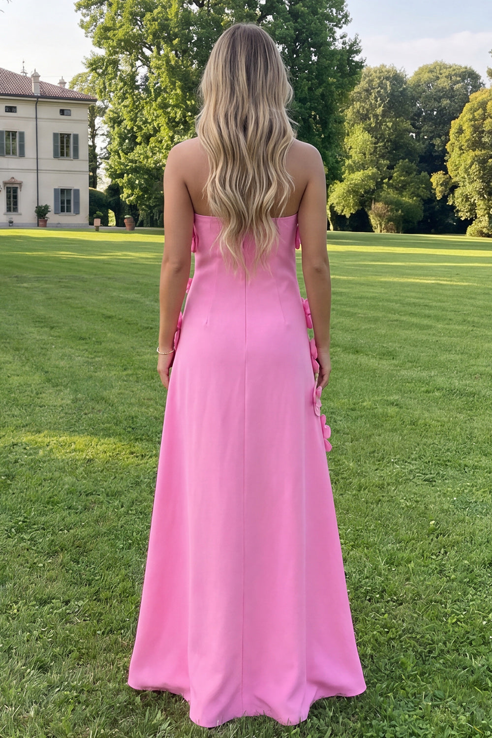 Blue Floral A Line Strapless Long Formal Dress