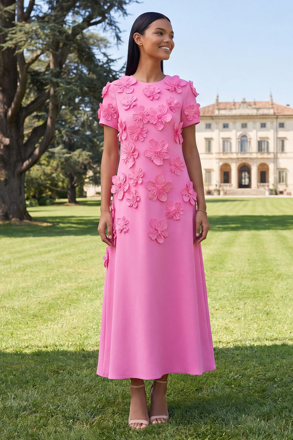 Dark Green Floral A Line Round Neck Long Formal Dress with Sleeves