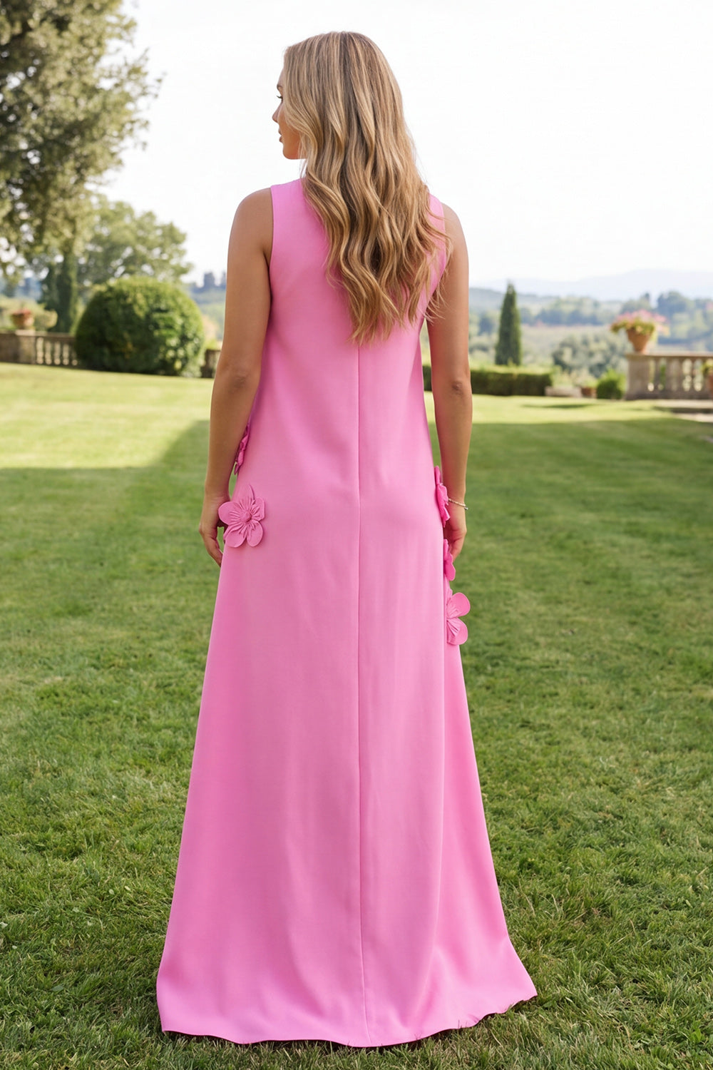 Blue Floral A Line High Neck Long Formal Dress