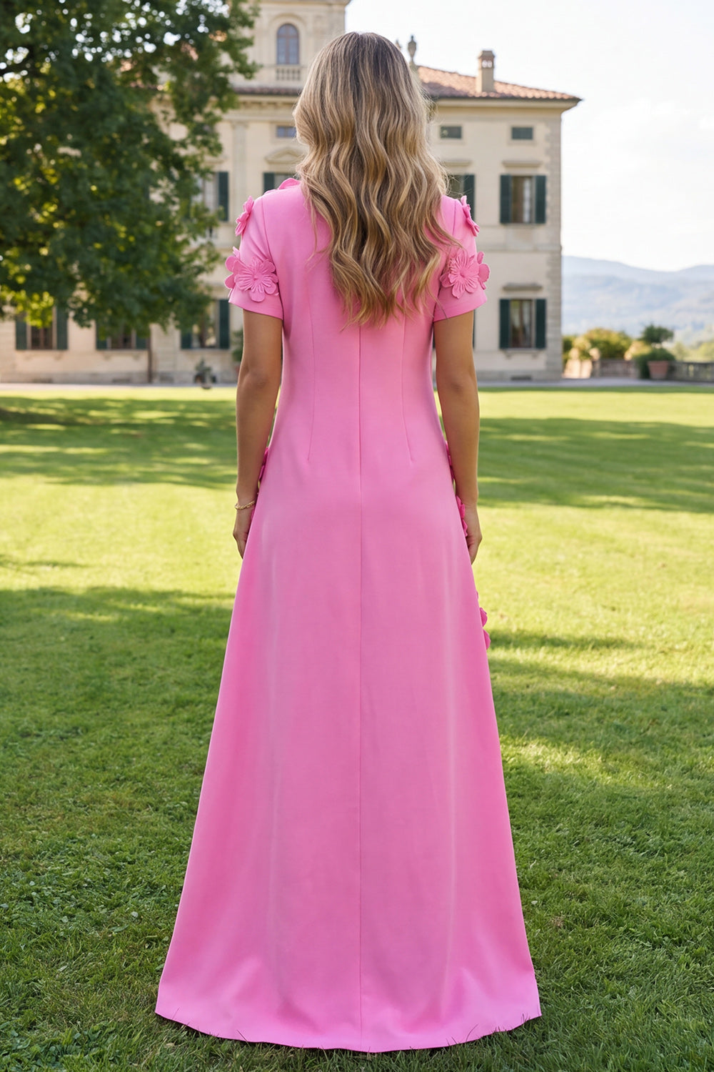 Floral Round Neck Blue A Line Long Formal Dress with Sleeves