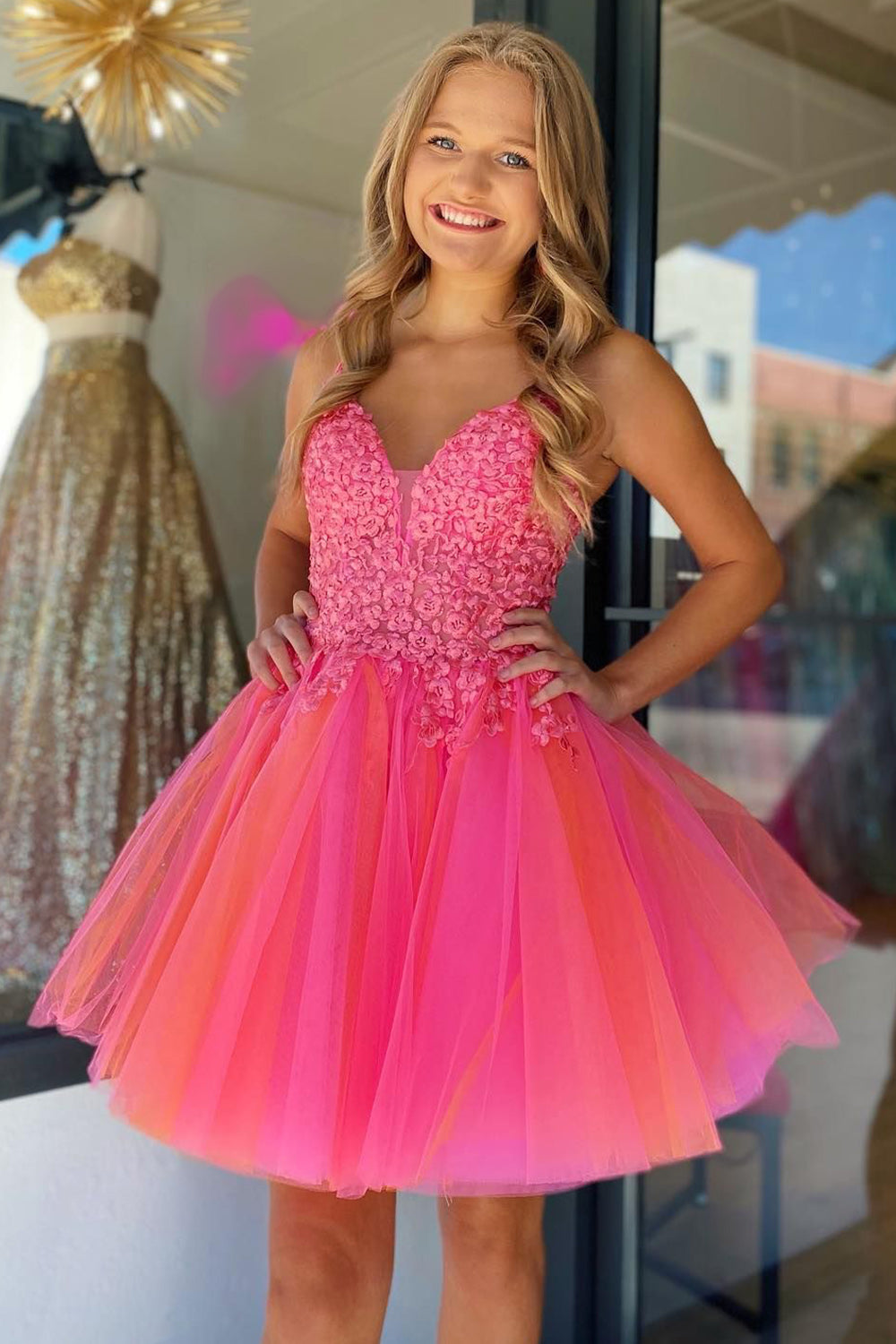 Hot Pink Spaghetti Straps A-Line Tulle Short Homecoming Dress 