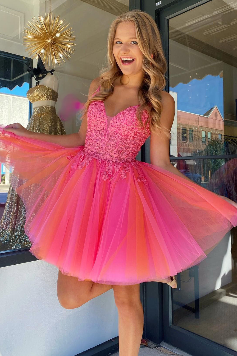 Hot Pink Spaghetti Straps A-Line Tulle Short Homecoming Dress 