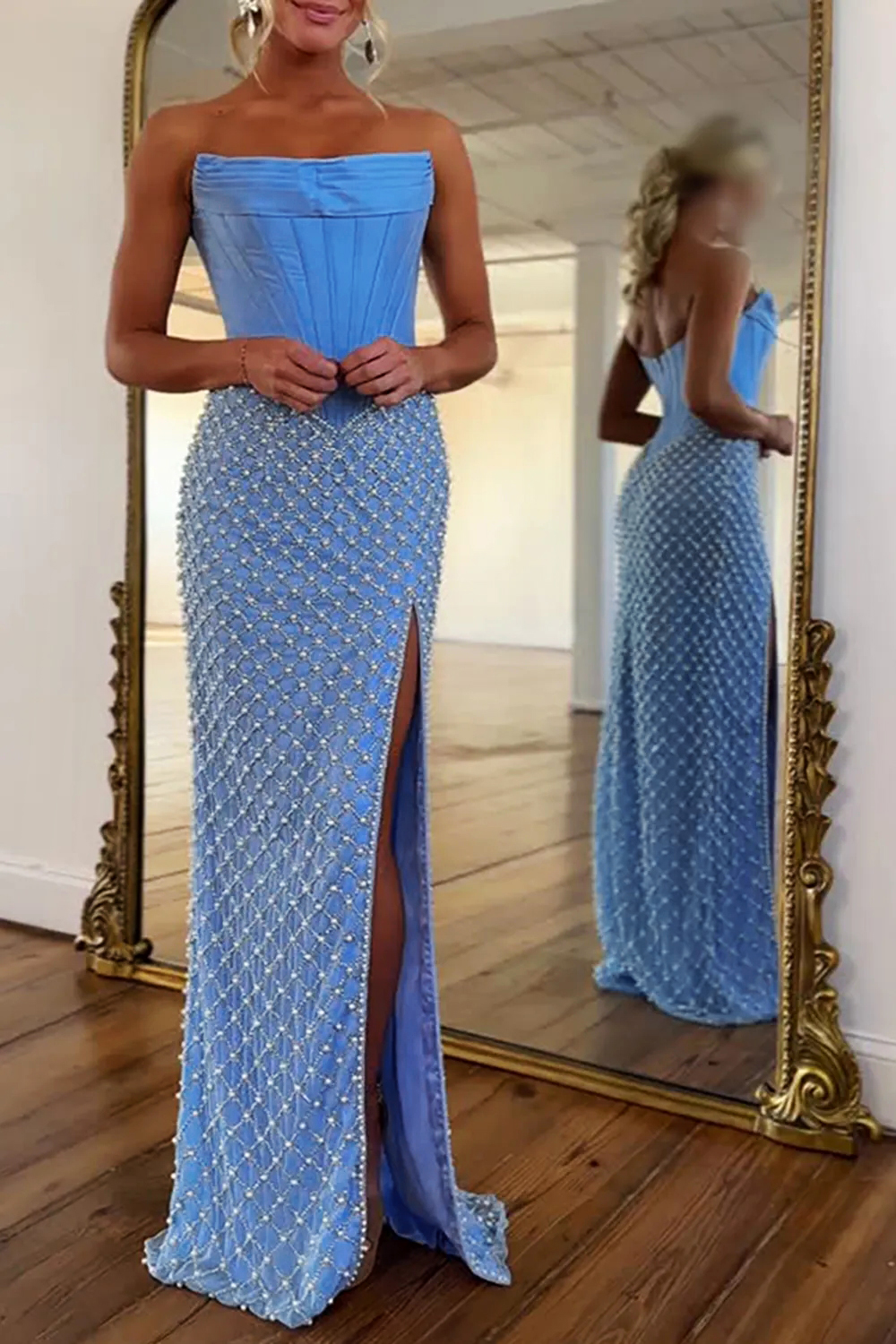 Sparkly Blue Mermaid Strapless Pearls Long Corset Prom Dress with Slit