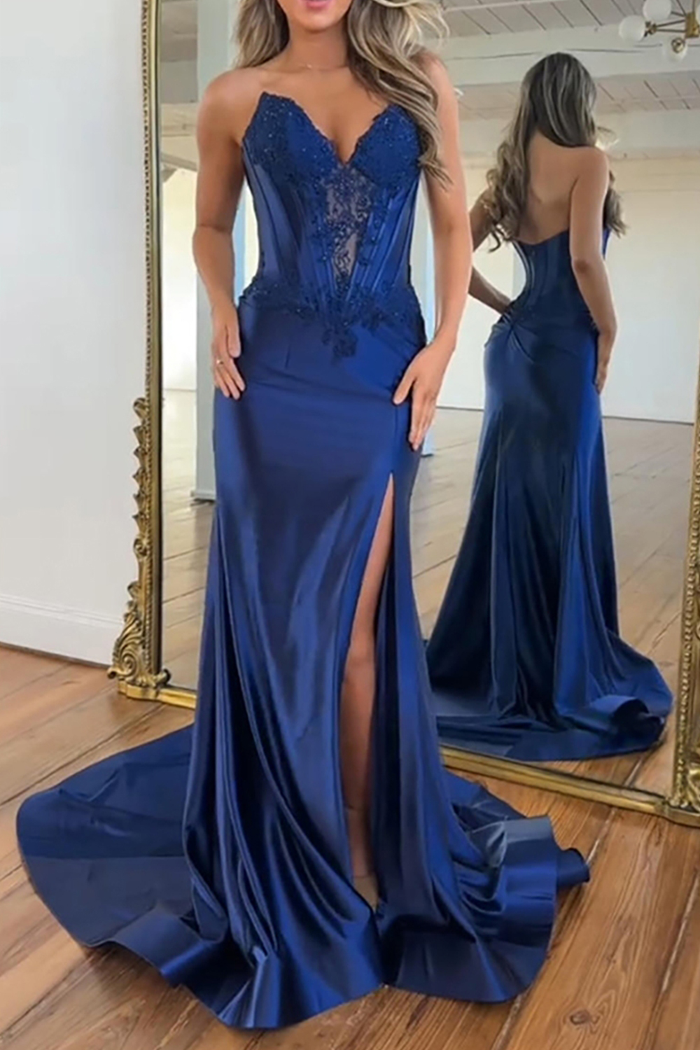 Sparkly Navy Corset Appliqued Mermaid Strapless Beaded Long Prom Dress with Slit