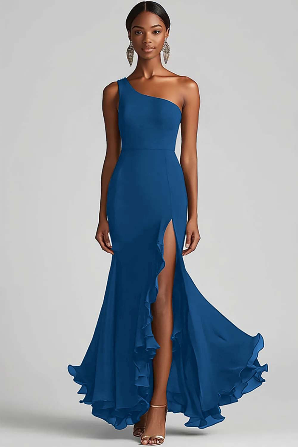 Flowy Black One Shoulder Long Chiffon Formal Dress with Slit