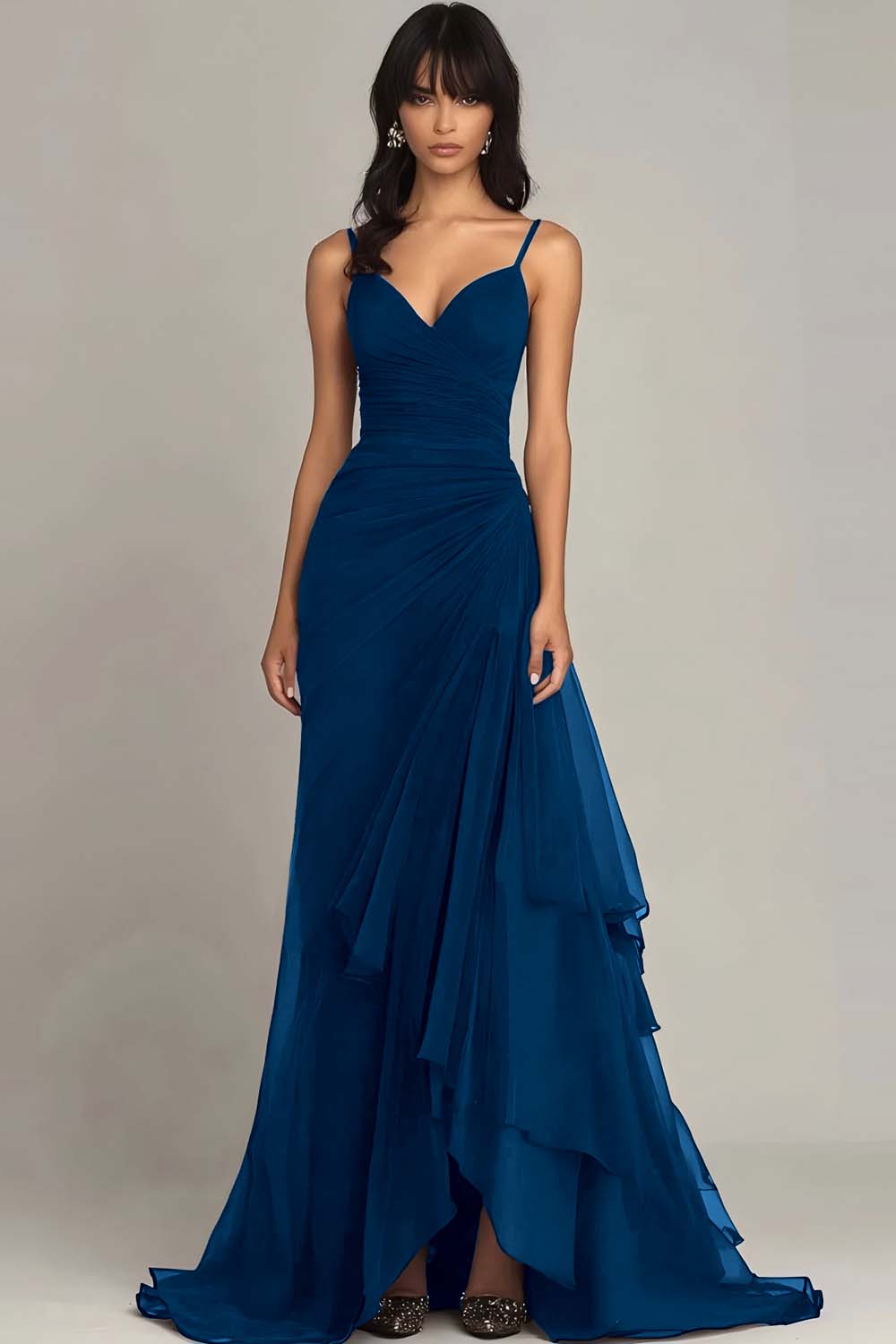 Dark Brown Spaghetti Straps Ruffled Long Chiffon Formal Dress