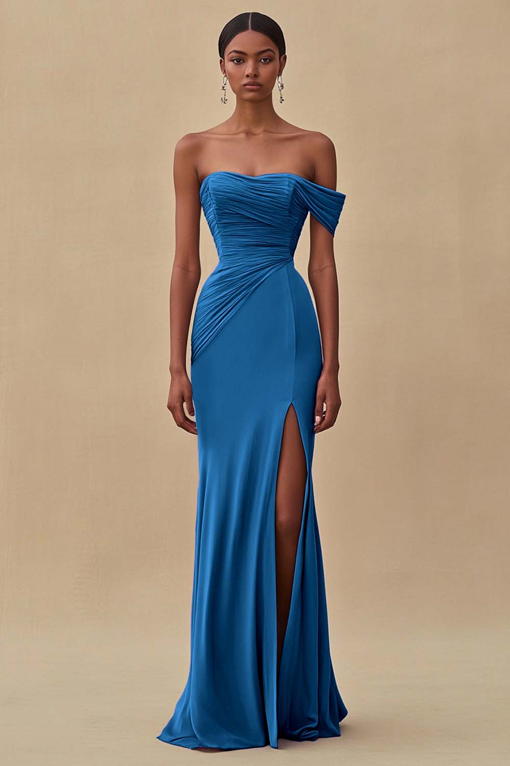 Ink Blue Chiffon Ruched Off the Shoulder Long Formal Dress with Slit