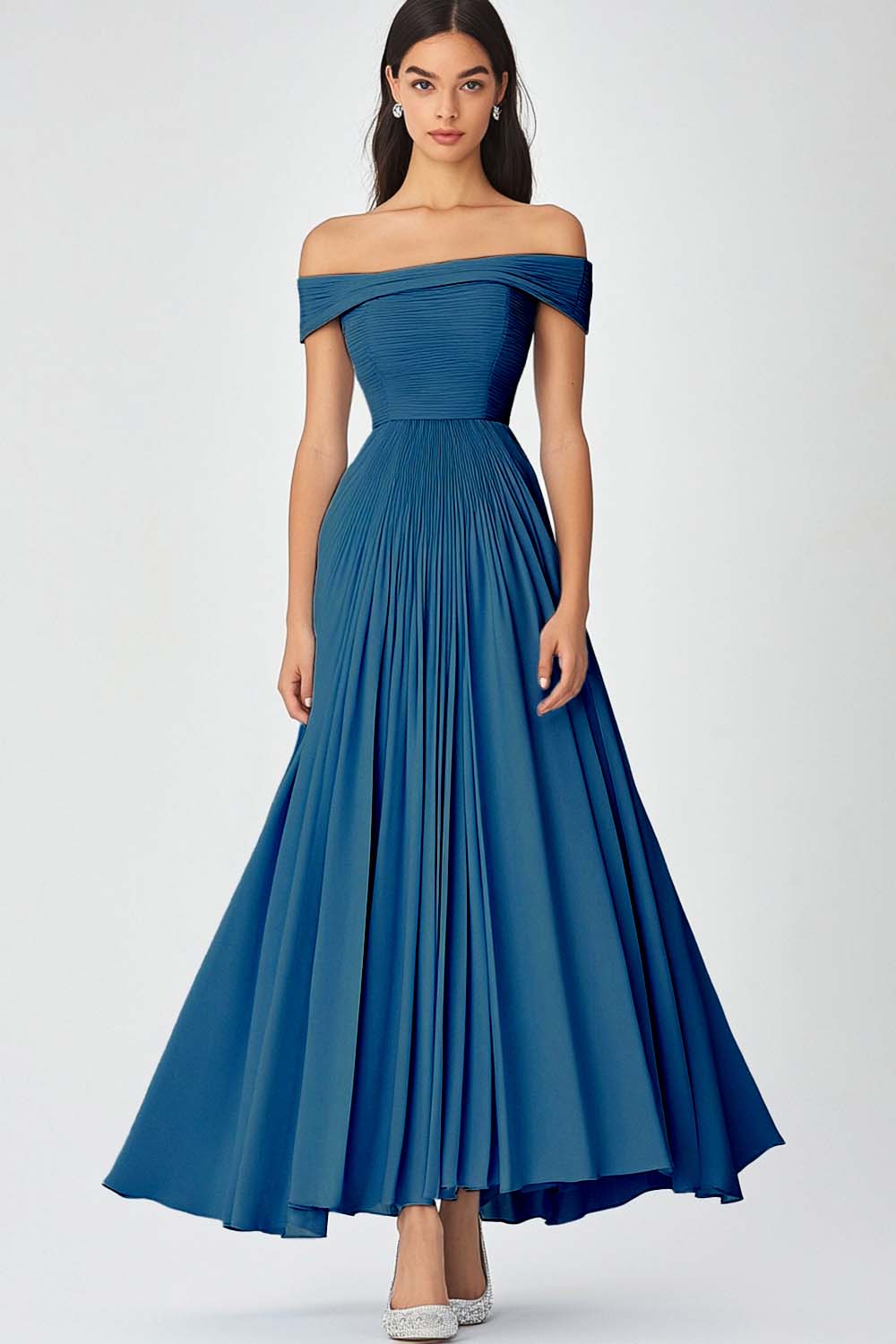 Off the Shoulder Dusty Sage A Line Long Chiffon Formal Dress
