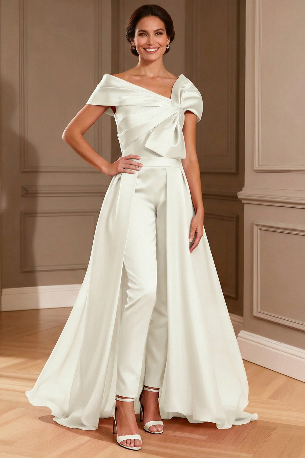 Fuchsia Satin Asymmetrical Neck Mother of the Bride Jumpsuits with Cape