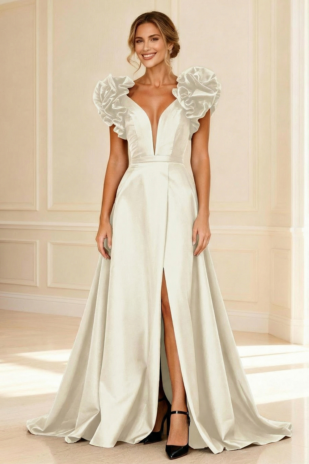 Black A-Line V-Neck Ruffled Long Mother of the Bride Dress