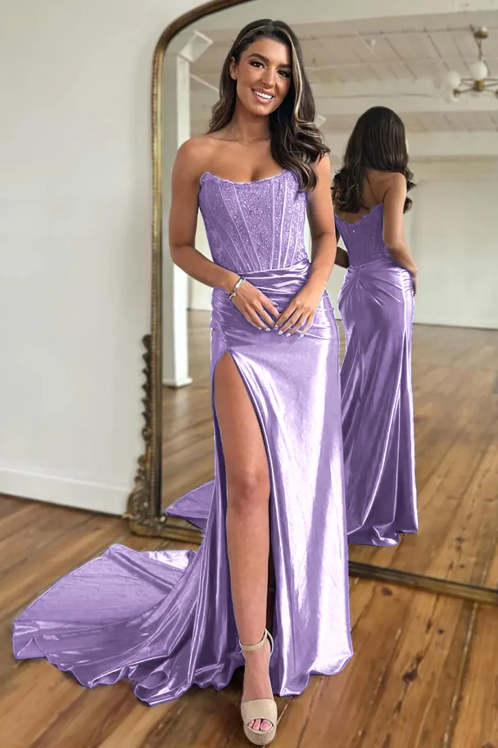 [Copy]Navy Mermaid Sweetheart Long Corset Prom Dress with Slit