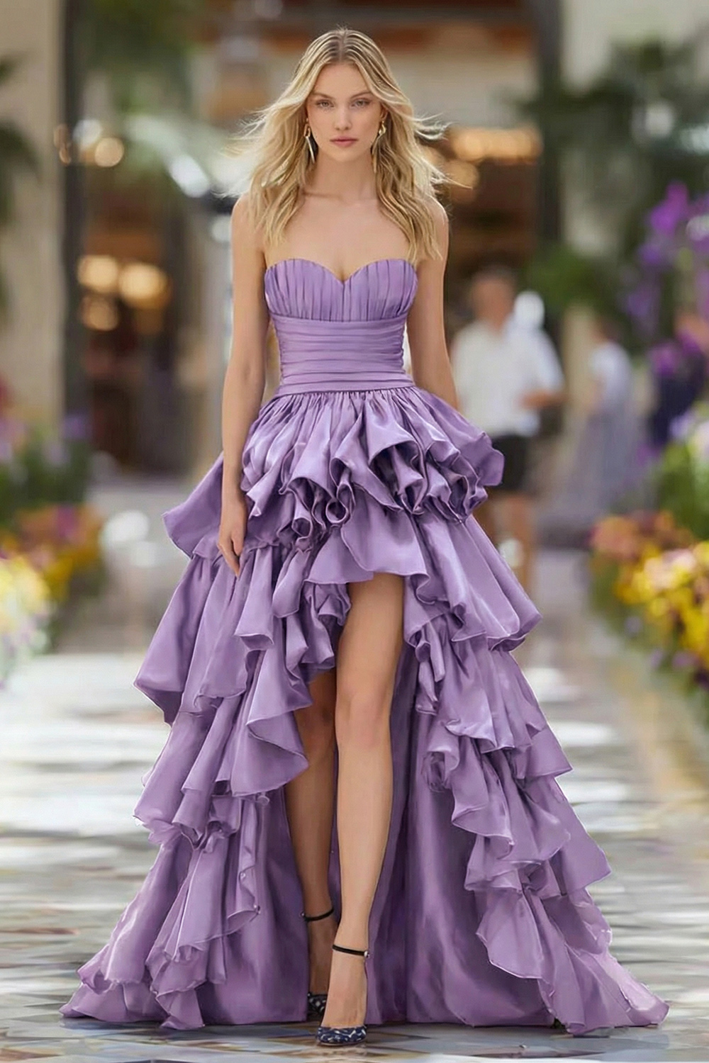 Dark Blue A-Line Swetheart Tiered Long Prom Dress with Slit