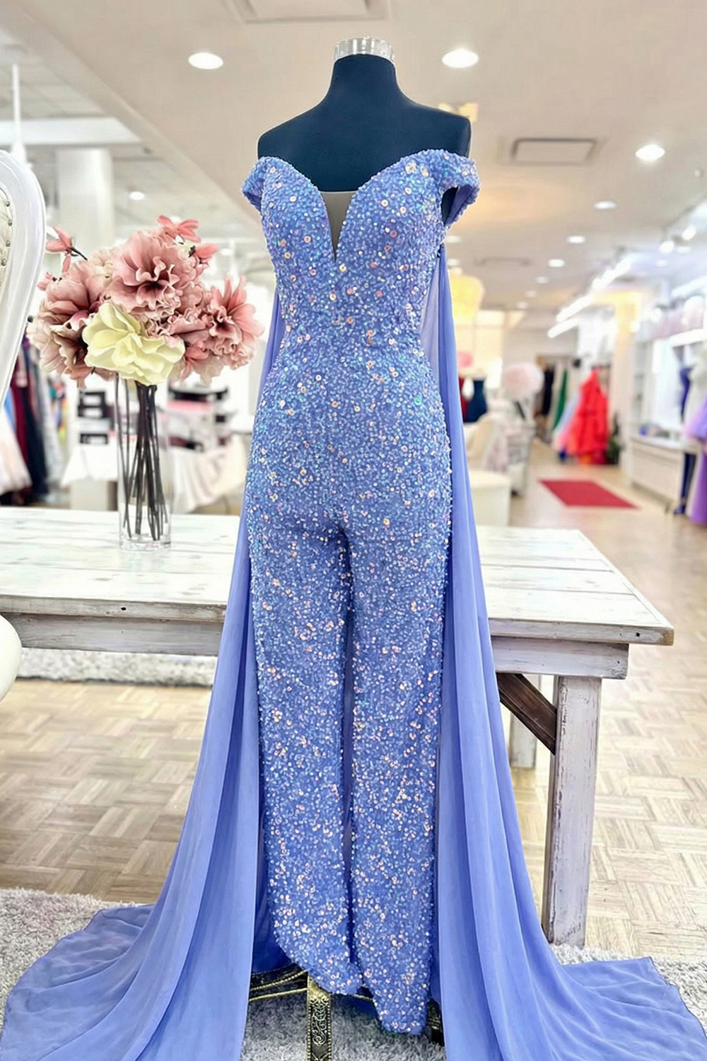 Sparkly Royal Blue Long Sequins Homecoming Jumpsuits with Cape
